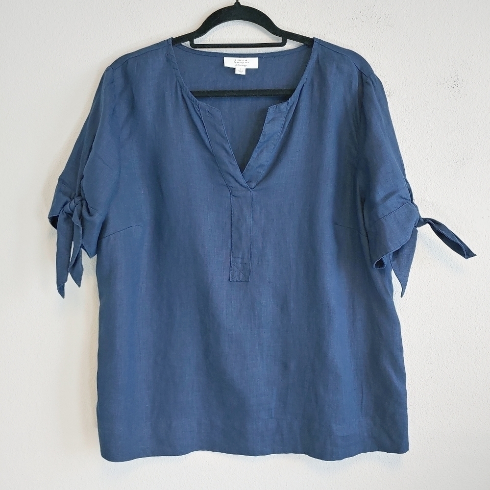 Charter Club Luxury Linen Top Sz L Split V-Neck Sleeve Tie Summer Casual Beach